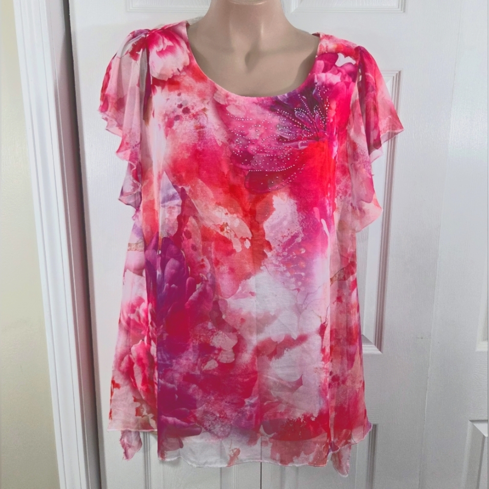One World Live And Let Live Embellished Layered Pink Floral Blouse Pre-Owned